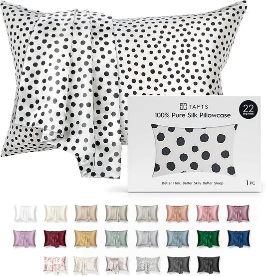 TAFTS 22mm 100% Pure Mulberry 6A Silk Pillowcase for Hair & Skin with Envelope Closure, Cooling, Natural, Organic, Double Sided Silk Pillow Case (Polk SPOT, Standard Size, 20"x26")