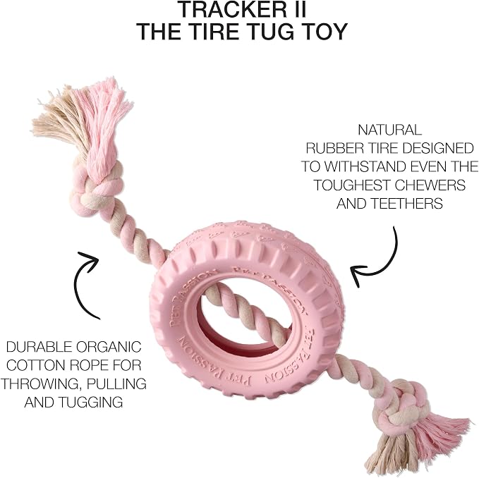 Pet Passion Natural Rubber Tire and Organic Cotton Rope Pull and Chew Dog Toy for All Pet Breeds, Blush, Small