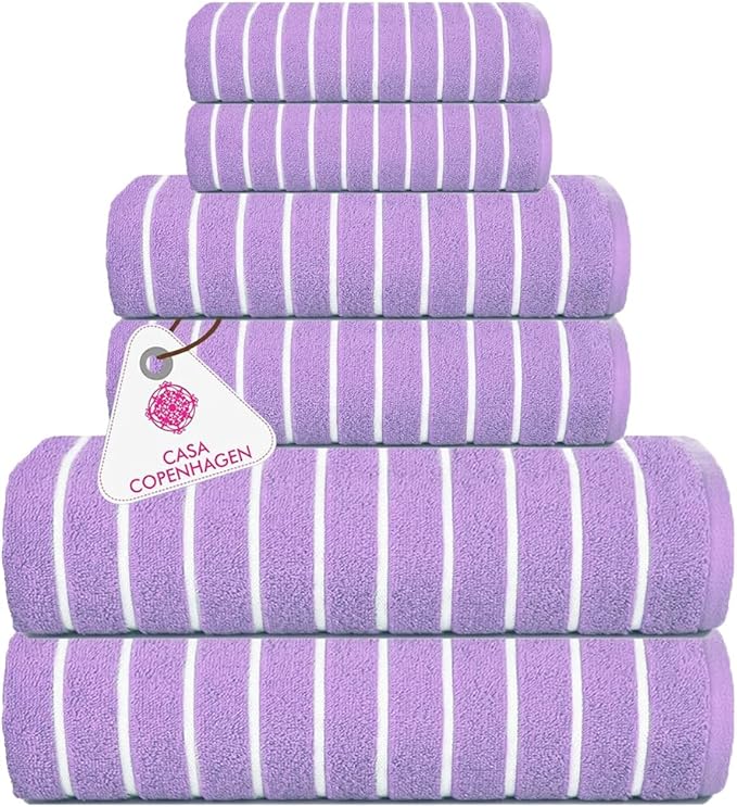 CASA COPENHAGEN Ecstatic 6Pcs 100% Egyptian Cotton Large Designer Towels Gift Set- Lavender, 600GSM, 2Bath 2Hand 2Washcloths, Bath Towels for Bathroom Set for Women & Men