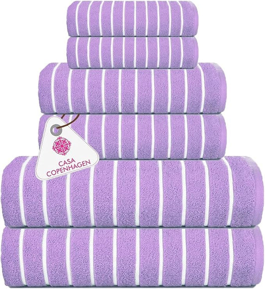 CASA COPENHAGEN Ecstatic 6Pcs 100% Egyptian Cotton Large Designer Towels Gift Set- Lavender, 600GSM, 2Bath 2Hand 2Washcloths, Bath Towels for Bathroom Set for Women & Men