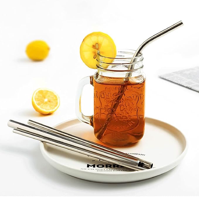 Metal Stainless Steel Drinking Straws Reusable for 20 to 30 OZ Tumbler, Set of 6 Incl. 2 Straight 1 Bent & 1 Jumbo Smoothie Straws with 1 Cleaning Brush & 1 Branded Sturdy Canvas Bag