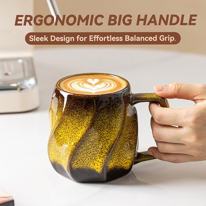 Amber Hearth Ceramic Coffee Mug - 17 oz Unique Reactive Glaze Coffee Cup with Ergonomic Large Handle, Ceramic Mug for Office Home, Birthday Gift for Men Women