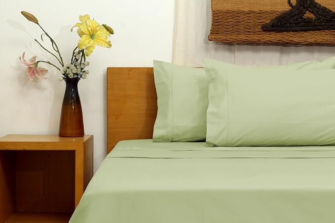 Organic Cotton Long Staple Silky Soft Single Pick Sateen Bed Sheet Set - Luxurious & Premium Hotel Quality - GOTS Certified - Solid Dyed (Tea Green, Queen (U.S. Standard))