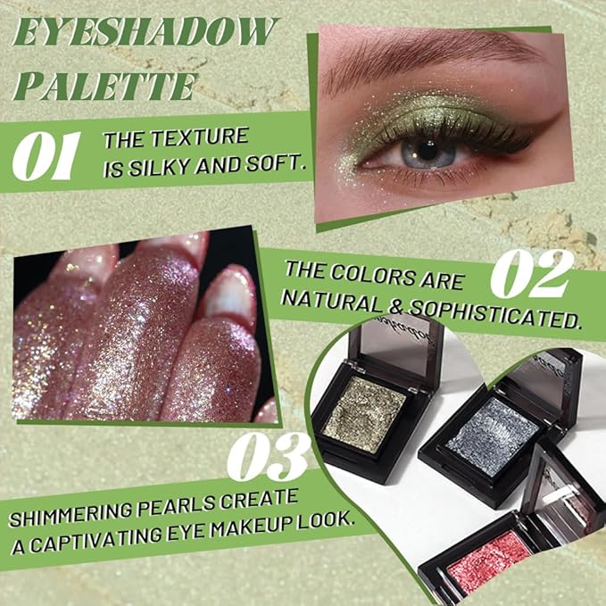 Gold Green Single Shimmer Glittle Eye shadow Palette Makeup, Single Shimmer Eyeshadow for Older Women, High Pigment Natural Sombras Crema Para Ojos, Talc, Paraben & Cruelty Free (02#Gold Green)