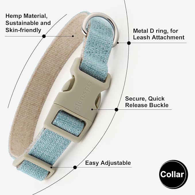 Plutus Pet Cotton Hemp Dog Collar and Leash Set, Adjustable Collar for Small, Medium, and Large Dogs, Heavy Duty and Soft on Skin, Light Blue, L