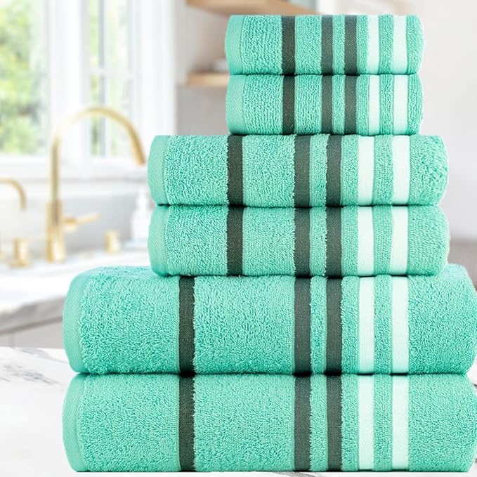 CASA COPENHAGEN Exotic 6Pcs 100% Egyptian Cotton Designer Towels Gift Set- Aqua Blue, 550GSM,2Bath2Hand2Washcloths,Bath Towels for Bathroom (Box Pack,Gift Ribbon Set for Women & Men)