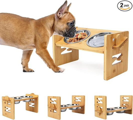 Elevated Dog Bowls, Adjustable Raised Tilted French Bulldog Food Water Bowl, Slanted Bamboo Pet Feeding Station with Stainless Steel Bowl for Small & Medium Dogs, Cat Kitten Flat Faced Puppy Feeder