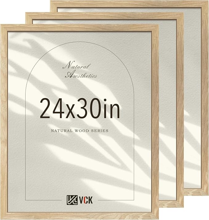 VCK 24x30 Poster Frame Natural Solid Wood 3 Pack, Exclusive Wood Grain Wall Hanging Picture Frame for Home Decoration
