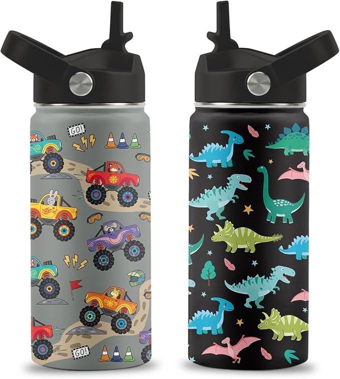 16 oz Water Bottle with Straw Lid, 2 Pack Set, Truck Dinosaur Gifts for Boys Girls, Stainless Steel Insulated Water Bottles for School Travel Outdoor Sports, Truck Dinosaur Cup Birthday Gifts
