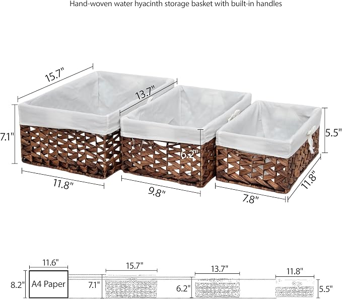 Water Hyacinth Storage Baskets Set of 3 with Metal Frame & Removable Liner, Large Medium Small Rectangular Woven Organizer Bins for Closet, Bedroom, Bathroom, Kitchen, Home Organization