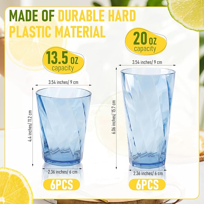 LemonRoad 12 Pack Reusable Plastic Drinking Glasses Set - 20oz & 13.5oz Stackable Tumbler, Shatter-resistant Highball Cups for Water, Cocktail, Iced Coffee, Indoor Outdoor Use, BBQ, Patio, Pool (Blue)
