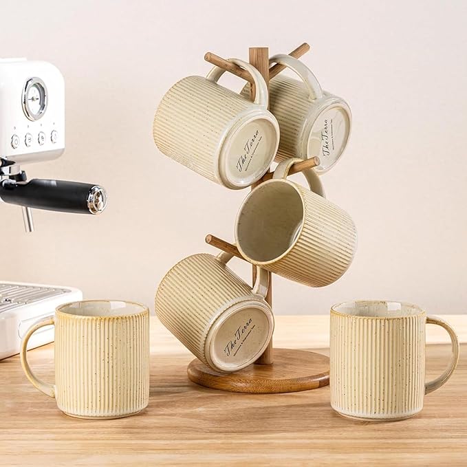 theterra Ceramic Coffee Mugs Set of 4, 14.2oz Handmade Coffee Cups with Handle for Latte, Tea, Milk, Beer, Hot Cocoa, Cappuccino