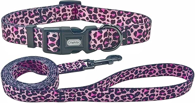 Dog Collar Leash Set, Leopard Pattern, Polyester Material, Adjustable Collar and 5ft Matching Leash, for Puppy Dogs.(XS, Colorful Leopard)