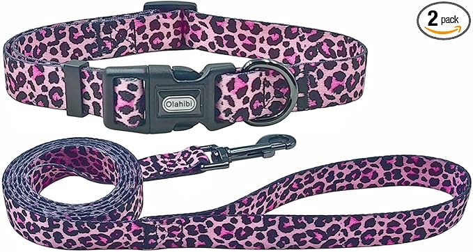 Dog Collar Leash Set, Leopard Pattern, Polyester Material, Adjustable Collar and 5ft Matching Leash, for Medium Dogs.(M, Colorful Leopard)