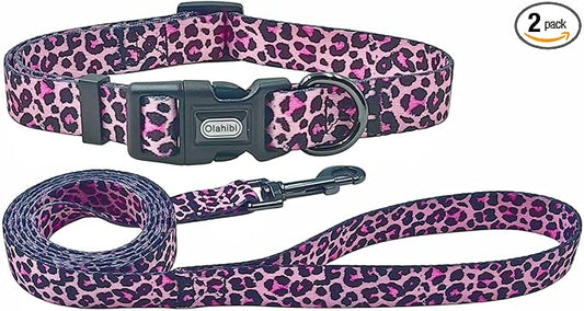 Dog Collar Leash Set, Leopard Pattern, Polyester Material, Adjustable Collar and 5ft Matching Leash, for Medium Dogs.(M, Colorful Leopard)
