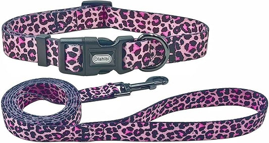 Dog Collar Leash Set, Leopard Pattern, Polyester Material, Adjustable Collar and 5ft Matching Leash, for Small Dogs.(S, Colorful Leopard)