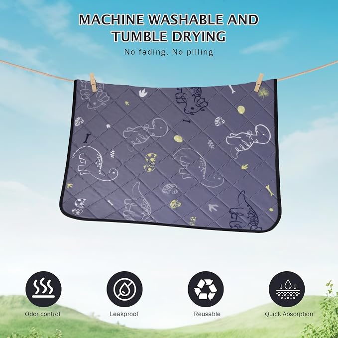 IEUUMLER Washable Pee Pads for Dogs, 2 Pack Non-Slip & Waterproof Pack Whelping Pad, Reusable Washable Puppy Potty Training Pad with Fast Absorbent for Playpen EU007 (Gray Dinosaur, 42"X28"-2pcs)