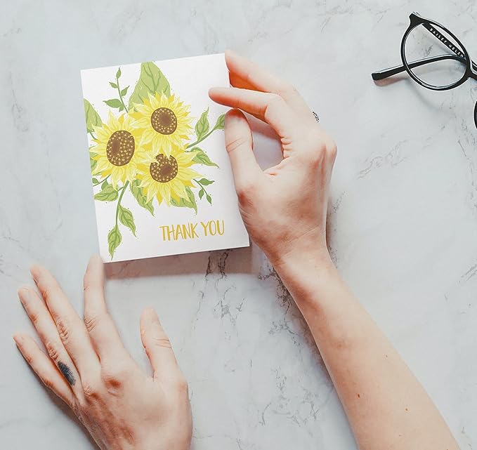 Twigs Paper Thank You Card Set - 12 Assorted Greeting Cards For All Occasions - Thank You Cards with Envelopes - Appreciation Cards - Eco Friendly - Made In USA - 5.5 x 4.25 Inch Size - Sunflower
