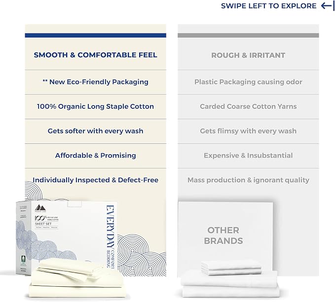 Mayfair Linen 100% Organic Cotton Sheets King Size - 4 PC Organic Cotton King Percale Size Weave Sheet Set, Soft, Cooling, Crisp & Breathable, 16" Deep Pocket Hotel Quality Bedding Set - Ivory