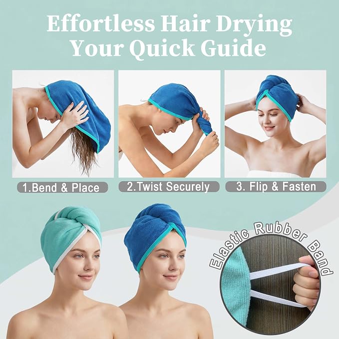VOOVA & MOVAS Aqua & Blue Microfiber Hair Towel, 2Pcs Button-Free Elastic Loop Hair Turban, Ultra Soft Quick Drying Hair Wrap, Anti Frizz Highly Absorbent Towel