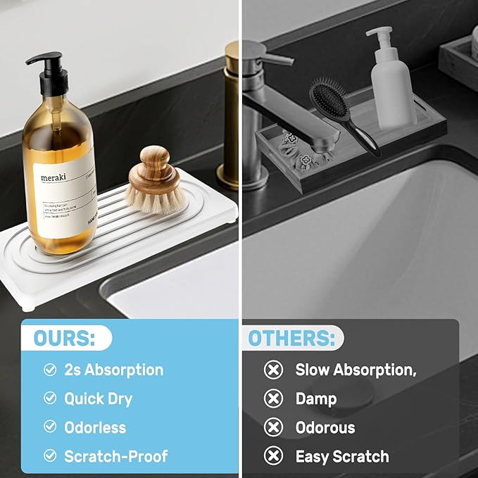 2 PCS Water Absorbing Stone Tray, Quick Drying Diatomite Sink Tray, Non-Slip Drying Mat for Bathroom Vanity & Kitchen Counter, Soap Dispenser Sponge Holder Organizer, White 8.3x4 Inch (White)
