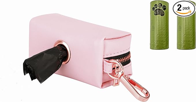 Dog Collar and Leash Set.Soft and Easy to Clean Vegan Leather with Rose Gold Metal Buckle for Small Medium Large Dogs (Pink-, Poop Bag Dispenser)