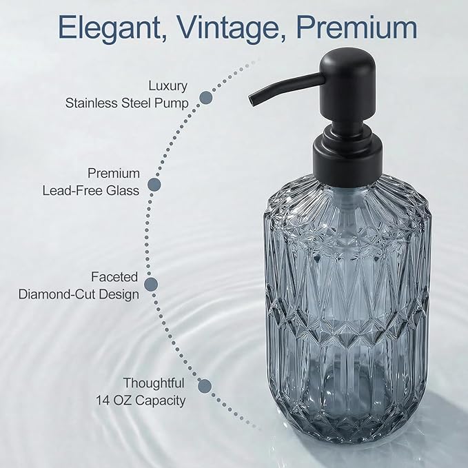 2-Pack Blue Glass Soap Dispenser with Black Rust Proof Pump, Elegant Bathroom Soap Dispenser, Vintage Kitchen Countertop Soap Dispenser for Hand Soap, Dish Soap, Lotion, Body Wash (14 OZ)