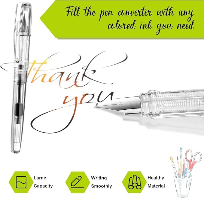 16 Pieces Fountain Pen Refillable Disposable Fountain Pens for Writing Fine Nib Signature Ink Pen Piston Filling Pen for Calligraphy Painting, Drawing, School, Scrapbook and Sketch(Clear Color)