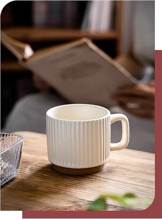 Artisanal Ceramic Mug & Walnut Saucer Set for Coffee Latte, Cappuccino Espresso Tea - 8.3oz/250ml Textured Coffee Cup with Wood Saucer, Dishwasher & Microwave Safe Gift