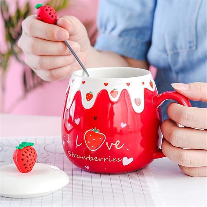 Coffee Mug Cups Ceramic Tea Cup Fruits Strawberry Shaped Handmade Cute Mugs With Lid Spoon Handle Office Home Hot Ice Chocolate Milk Mugs Gift Microwave Dishwasher Safe Travel Mugs (Strawberry)