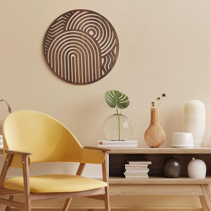 Yerliker Mid Century Modern Wood Wall Art Small Walnut Geometric Wall Sculpture 11.81 Inch Boho Minimalist Abstract Panel Decor for Living Bedroom, Office, Entryway Vertical Hanging Art(Circular)