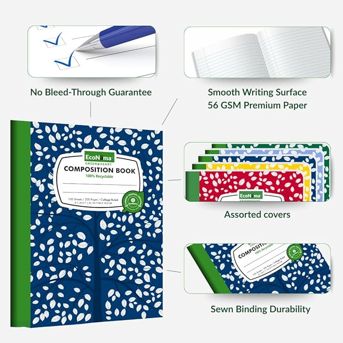 Composition Notebooks Pack of 5 Wide Ruled 200 Pages (100 Sheets) 9.75"x7.5" Carbon Neutral Recyclable Paper Eco-Friendly School & Office Supplies For Students and Professionals Assorted Color