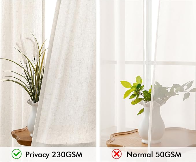 MIULEE Non-See-Through Privacy Linen Curtains 2 Panels, Light Filtering Window Curtains Farnhouse Textured Back Tab Semi Sheer Drapes for Bedroom Living Room, 52 x 60 Inches Long, Natural White