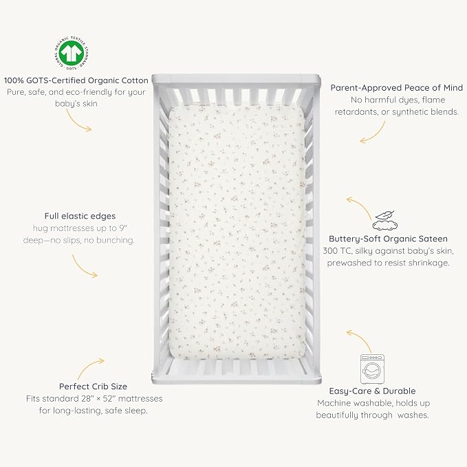 Makemake Organics GOTS Certified Organic Cotton Fitted Crib Sheet Soft Breathable (28"x52", Bloom)