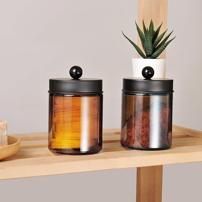 Amolliar 16OZ Green Glass Mason Jar Liquid Soap Dispenser Bundle With Amber Glass Qtip Holder, Apothecary Jars with Matte Black Metal Lid & Stickers-Bathroom Qtip Dispenser Storage Organizer Set