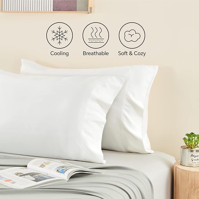 BEDELITE White Pillow Cases Queen Size Set of 2, Rayon Derived from Bamboo，Cooling Pillow Cases for Hot Sleepers & Night Sweats, Breathable and Silky Soft Envelope Pillowcases, 20"x30"