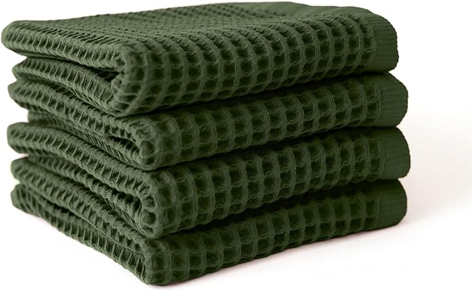 Premium Waffle Hand Towels Pack of 4 Extra Large 20x35 inch - 100% Turkish Cotton, Waffle Weave, Quick Dry, Lint Free, Super Absorbent Hand Bath Towel (Dark Green, Set of 4 Hand Towels)