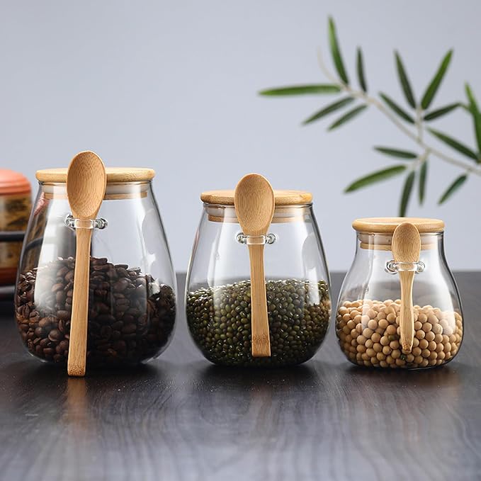 Airtight glass jar storage container with bamboo lid Set of 2, wide mouth, leak-proof, With a spoon, can be used for coffee beans, tea leaves, grains, dried fruits, etc (Small)