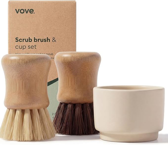 Vove Bamboo Dish Scrub Brush Set with Ceramic Holder, 3-Pack Plastic-Free Kitchen Brushes for Dishes Pots and Pans, FSC-Certified Bamboo with Natural Sisal Bristles, 1 Hard and 1 Medium Brush