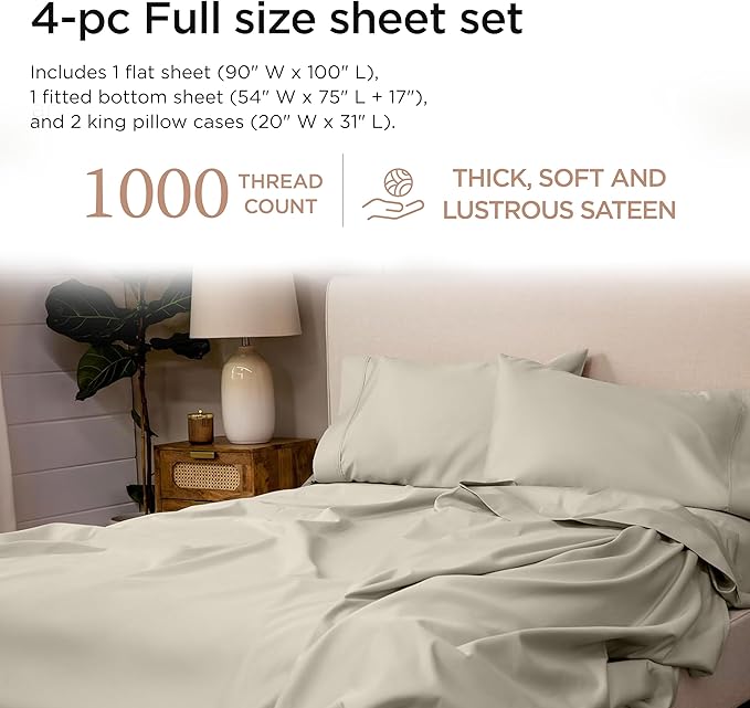 Threadmill Luxury Full Size Sheets for Full Size Mattress, 1000 Thread Count Supima Cotton Sheets for Full Mattress, 5-Star Hotel Quality 4 Piece Bed Sheets with Extra Deep Pocket, Taupe