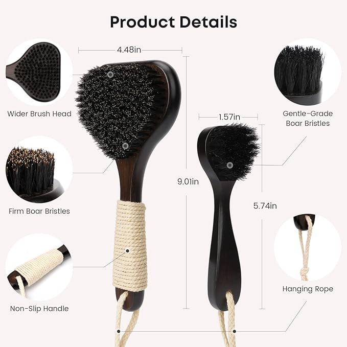 eaxun Bamboo Dry Brushing Set with Body and Face Brush, Dry Scrub Brush with Exfoliating Natural Boar Bristle for Lymphatic Drainage, Cellulite Reduction, Blood Circulation and Glowing Skin, 2 Pack