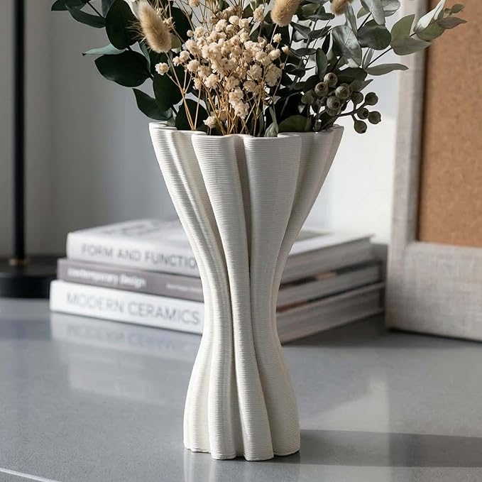 Minimalist White Ceramic Vase, Irregular Organic Shape Decorative Flower Vase for Home Decor, Wabi-Sabi Modern Accent for Living Room Table Shelf
