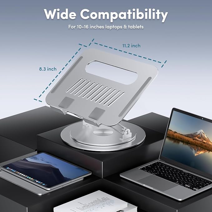 Lifelong 360° Rotating Adjustable Laptop Stand, Foldable Riser, Silver | Ergonomic Computer Stand for Desk, Portable Laptop Holder Fits All MacBook, Laptops 10-16 Inches