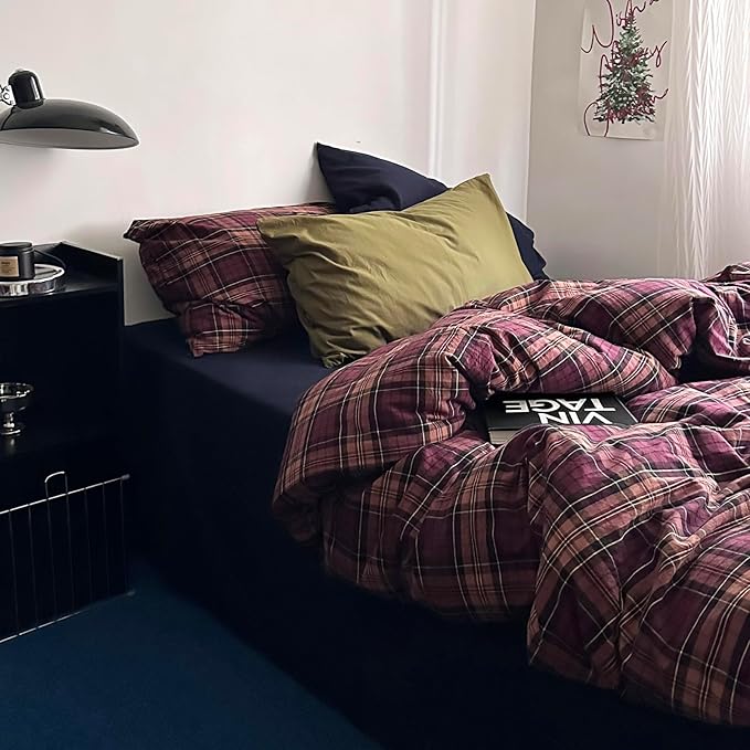 mixinni Vintage Burgundy Buffalo Plaid Comforter Cover Set King Size - 3 Piece Mid-Century Modern Washed Cotton Bedding, Soft Breathable Grid Duvet Cover with Matching Pillowcases for All-Season