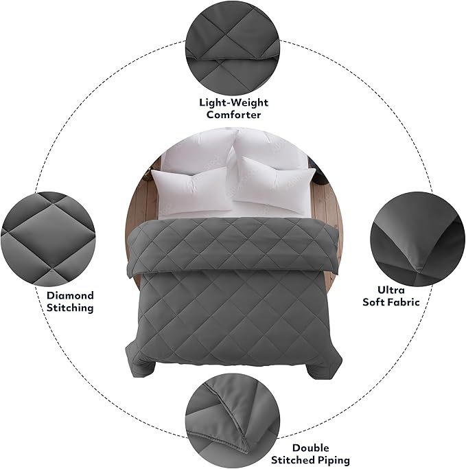 LUX Décor Lightweight Comforter Queen Size - Soft Breathable Down Alternative Diamond Stitched, All Season Grey Comforter with Double Stitched Piping, Oeko-TEX
