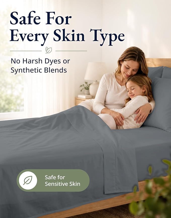 LANE LINEN 100% Organic Cotton Fitted Sheet Twin XL Size (No Flat Sheet) - Soft & Breathable Percale Weave Fitted Sheet Set For Added Comfort - 15''Deep Pocket For Snug Fit - GOTS Certified - Charcoal