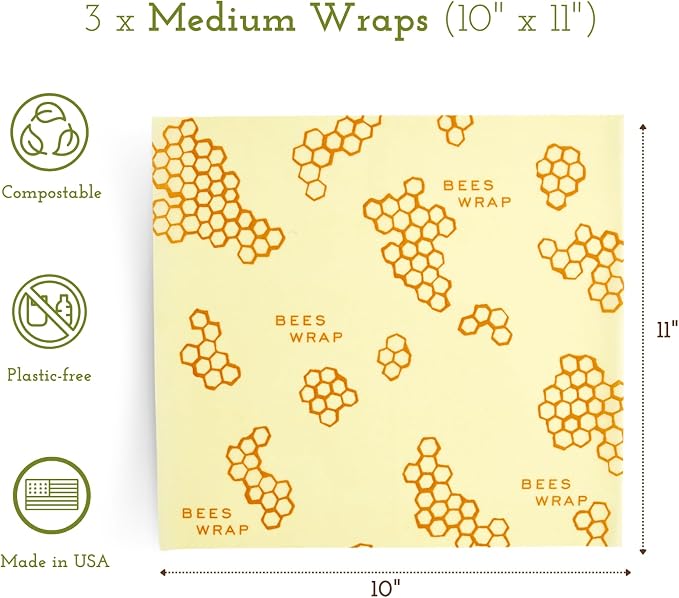Bee's Wrap Beeswax Wraps for Food - 3 Pack of Medium Beeswax Wraps - Plastic Free Made in USA Reusable Natural Food Wrap - Honeycomb Print