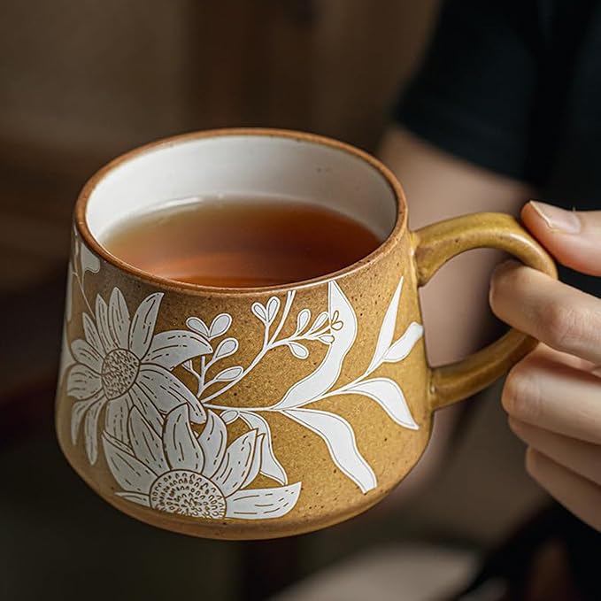16OZ Ceramic Coffee Latte Mug, Cute Cup for Women, Ideal for Green Tea or Coffee,Hand Painted Floral Design Pottery Mug(Asagao)