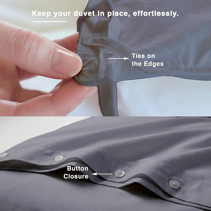 Fabdreams GOTS Certified 100% Organic Cotton Duvet Cover King Size - 400 TC Sateen - Soft - Silky - Button Closure - Edge Ties - 1 Duvet Cover (106"x92")+2 Pillow Shams (20"x36") - Light Grey