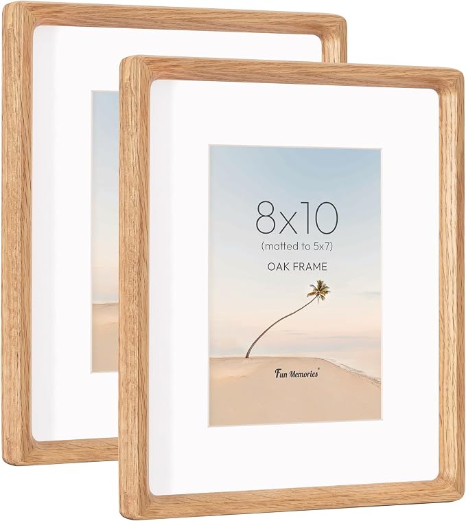 8x10 Picture Frame Set of 2, USA-Sourced Oak Wood Photo Frame with HD Tempered Glass, Handcrafted Rounded Corner 8 x 10 Wooden Frames Matted to 5x7 Photos, 8x10 Frames, Tabletop or Wall Display